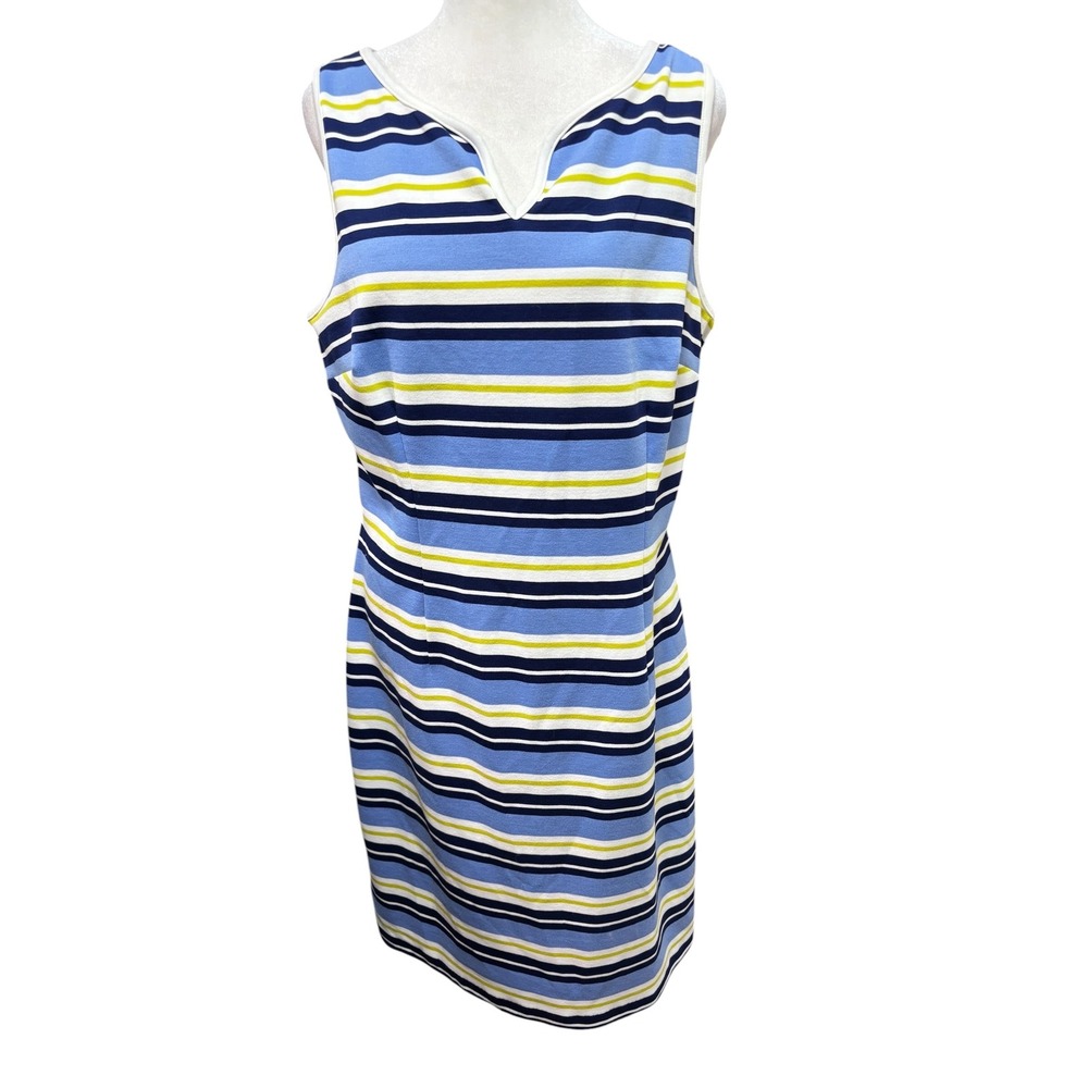 Ann Taylor Womens Blue Striped Sleeveless Sheath Dress Notched V-Neck Sz 10 #555